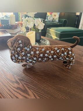 Embroidered Brown Velvet Dachshund Figurine by